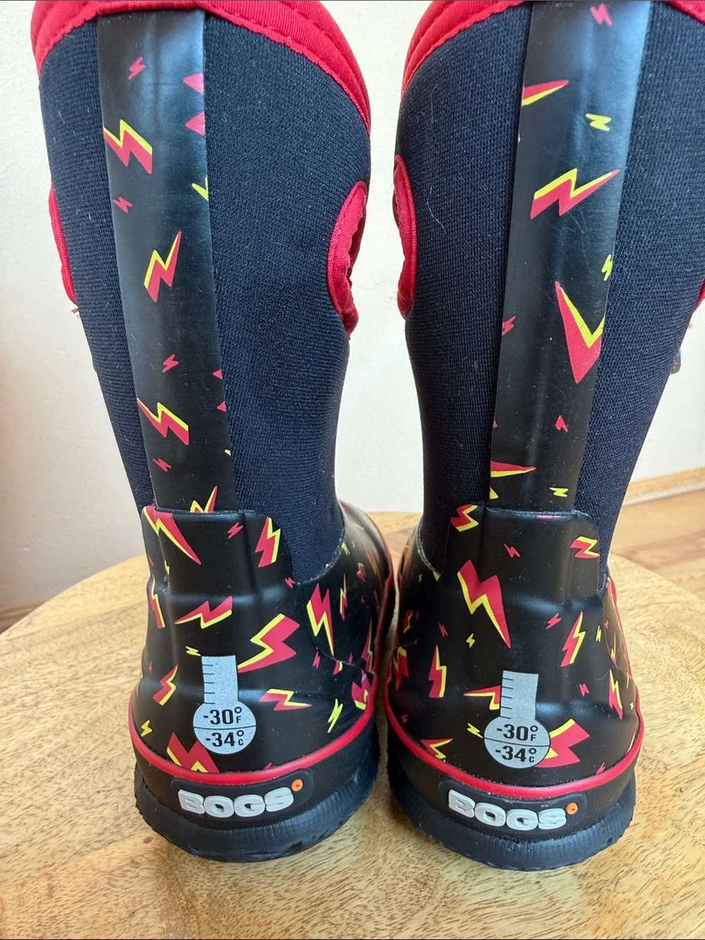 Bogs Kids Black Rain Boots with Red and Yellow Lightning